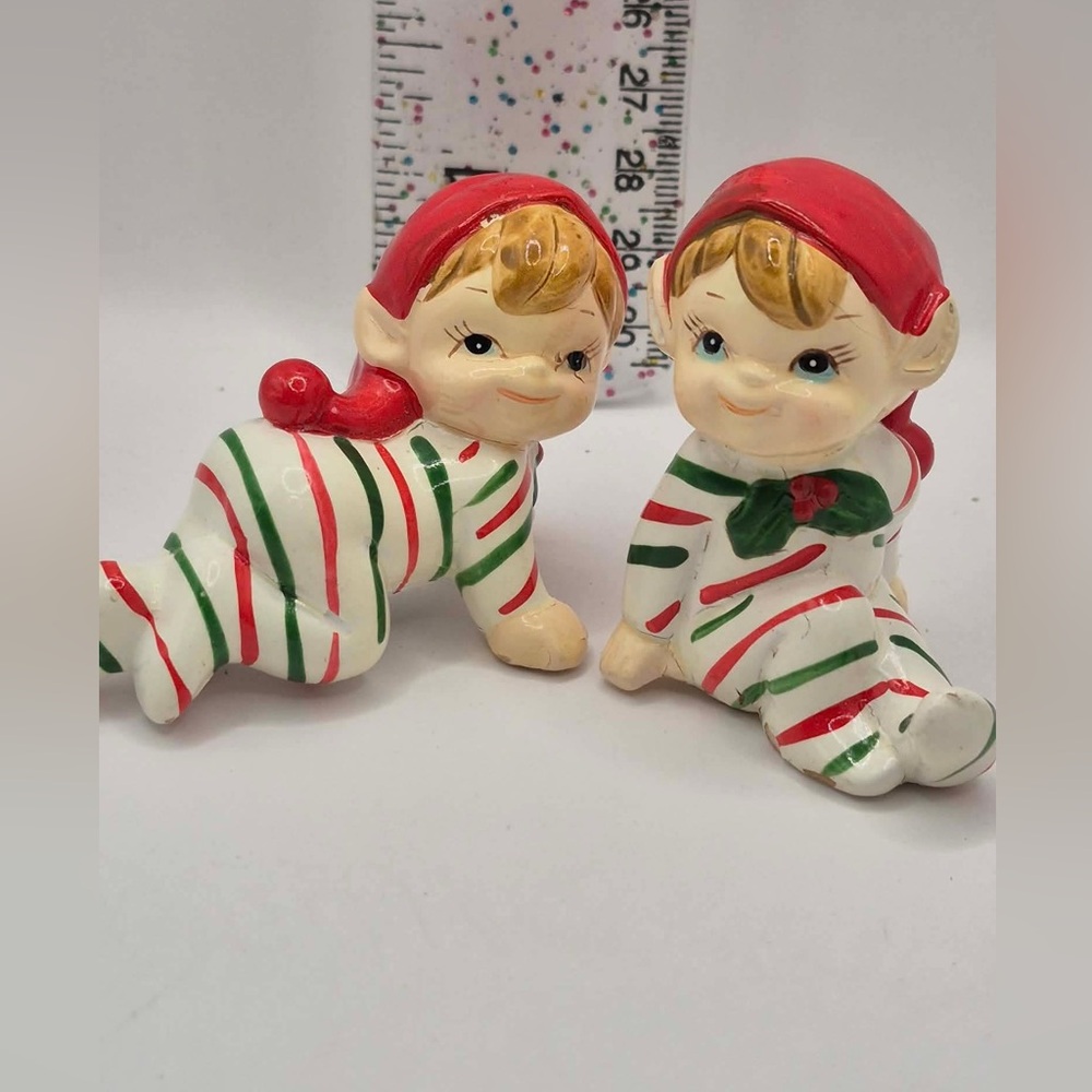 Cute Miniature Christmas Pixie Set 2 Mini Elf Pair in Candy Cane Striped Suit